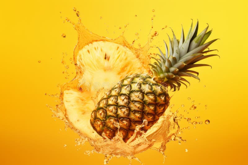 Pineapple Slices and Pineapple in Splashes of Water and Pineapple Juice