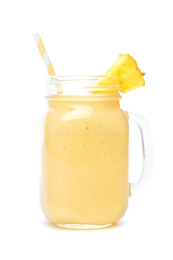 Pineapple smoothie in a mason jar isolated on white