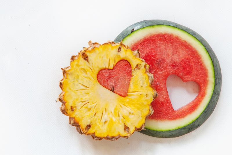 Pineapple with Watermelon Carved Heart Stock Photo Image of together