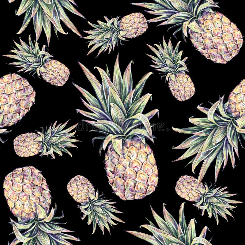 Pineapples on a black background. Watercolor colourful illustration. Tropical fruit. Seamless pattern stock illustration Pineapples on a black background. Watercolor colourful illustration. Tropical fruit. Seamless pattern stock illustration