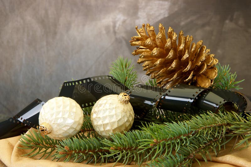 Pinecone, Christmas bulbs, pine branches