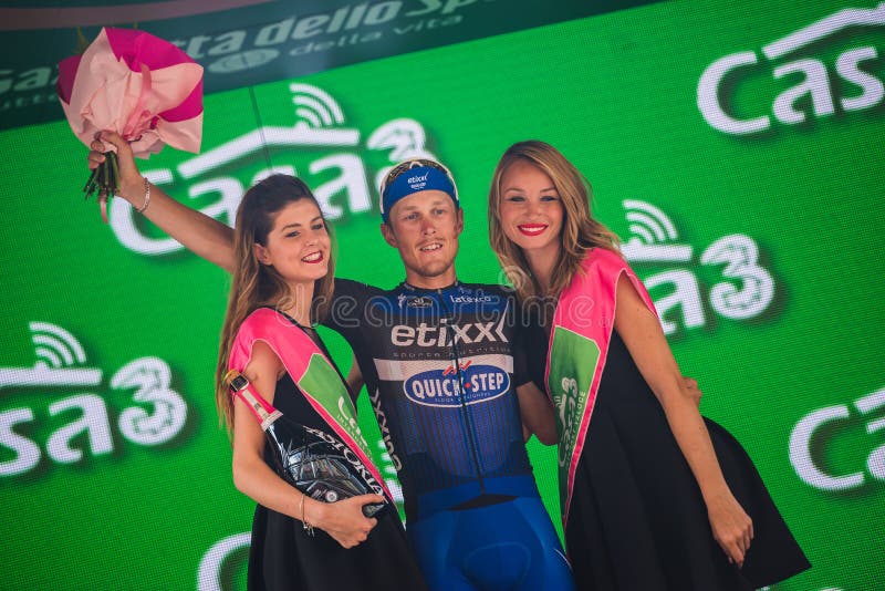 Pinerolo, Italy May 26, 2016; Matteo Trentin on the podium after winning the stage. Defeating Moreno Moser and Giunluca Brambilla in Pinerolo stock photography Pinerolo, Italy May 26, 2016; Matteo Trentin on the podium after winning the stage. Defeating Moreno Moser and Giunluca Brambilla in Pinerolo stock photography