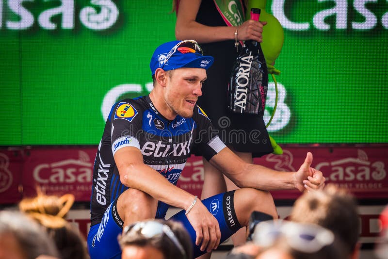 Pinerolo, Italy May 26, 2016; Matteo Trentin on the podium after winning the stage. Defeating Moreno Moser and Giunluca Brambilla in Pinerolo stock photos Pinerolo, Italy May 26, 2016; Matteo Trentin on the podium after winning the stage. Defeating Moreno Moser and Giunluca Brambilla in Pinerolo stock photos