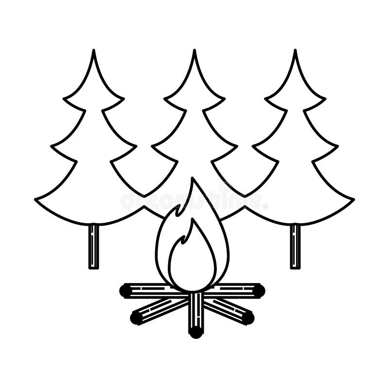 Pines trees forest scene with campfire stock illustration