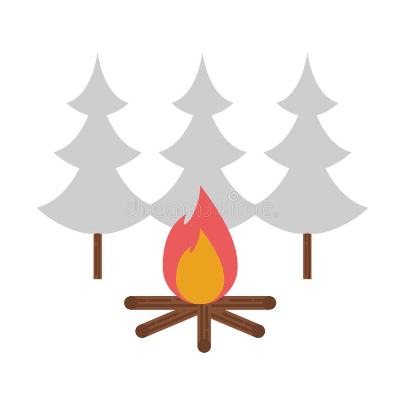 Pines trees forest scene with campfire vector illustration