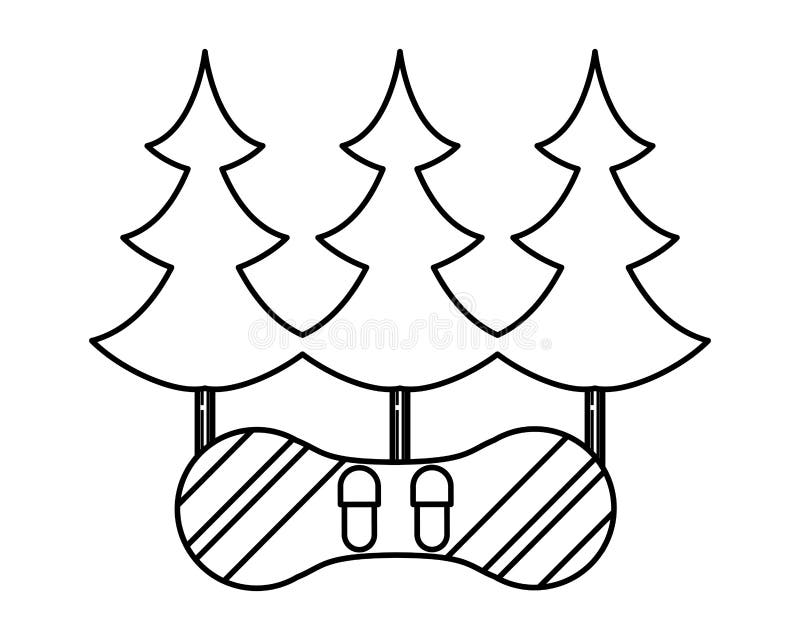 Pines trees forest scene with snowboard vector illustration