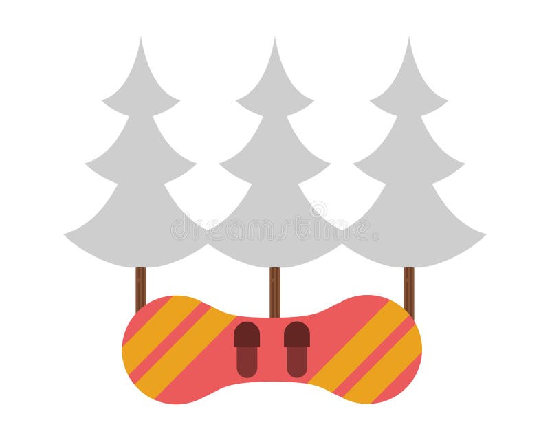 Pines trees forest scene with snowboard stock illustration