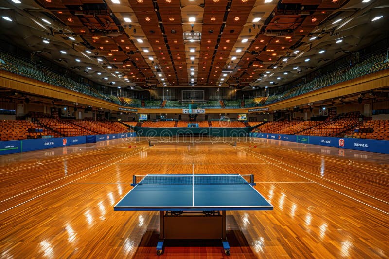 A ping pong table is in the middle of a large room with many empty chairs royalty free stock image