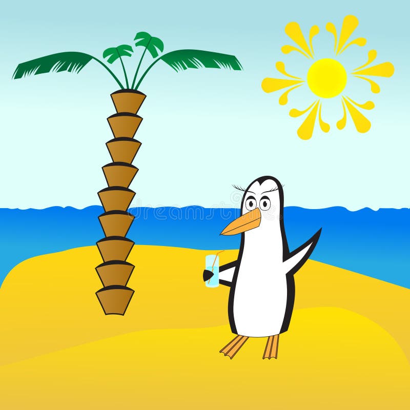 Pingouin Sur La Plage Avec La Boisson Illustration Stock - Illustration