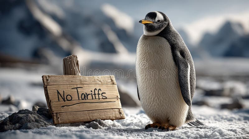 Pingouin debout sur un paysage enneigé à côté d'un panneau en bois lisant pas de tarifs dans le majestueux cadre de montagne illustration stock