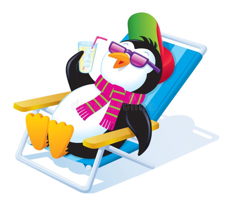 Pinguin, der im Sun mit gefrorenem Getränk sich entspannt