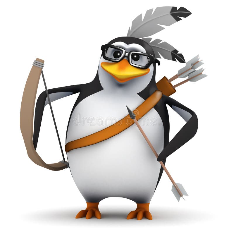3d render of a penguin dressed as Native American Indian with bow and arrow. 3d render of a penguin dressed as Native American Indian with bow and arrow