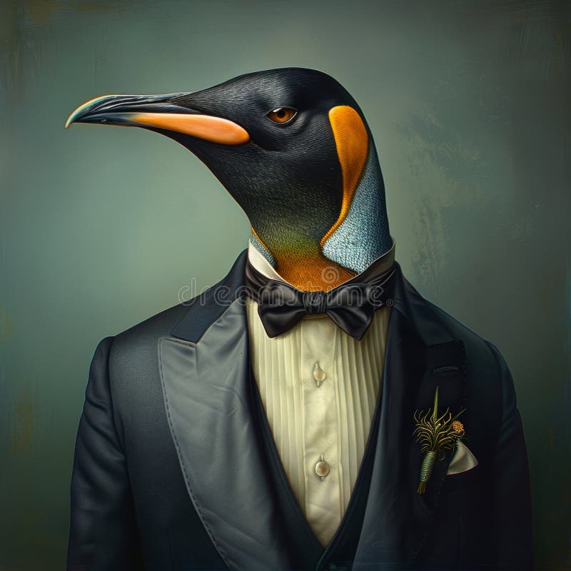 Pinguin in einem Tuxedo mit Bugbine Blumenmousine auf grünem Hintergrund lizenzfreie abbildung