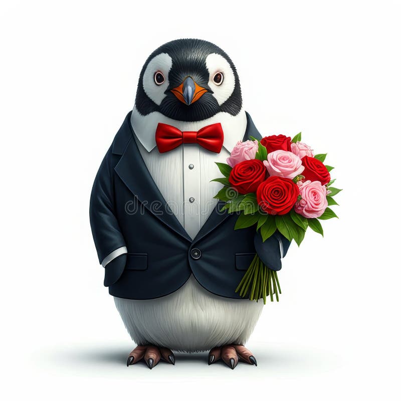 Pinguin in Tuxedo mit Rosen ein Dapper Pinguin in einem Tuxedo hält ein Bouquet von roten und rosa Rosen symbolisieren Liebesroman lizenzfreie abbildung