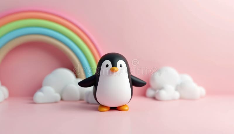 Pinguino in 3D si trova vicino a nuvole fluide di arcobaleno. Colori di colore bianco nero. Immagine di rendering colorata gradevo royalty illustrazione gratis