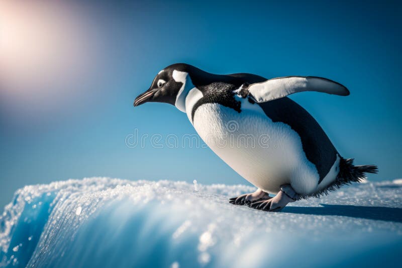 Pinguino in piedi sulla montagna di neve accanto al corpo d'acqua. aie generativa illustrazione di stock