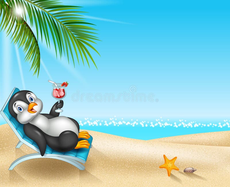 Pingüino de la historieta que se relaja en silla de playa