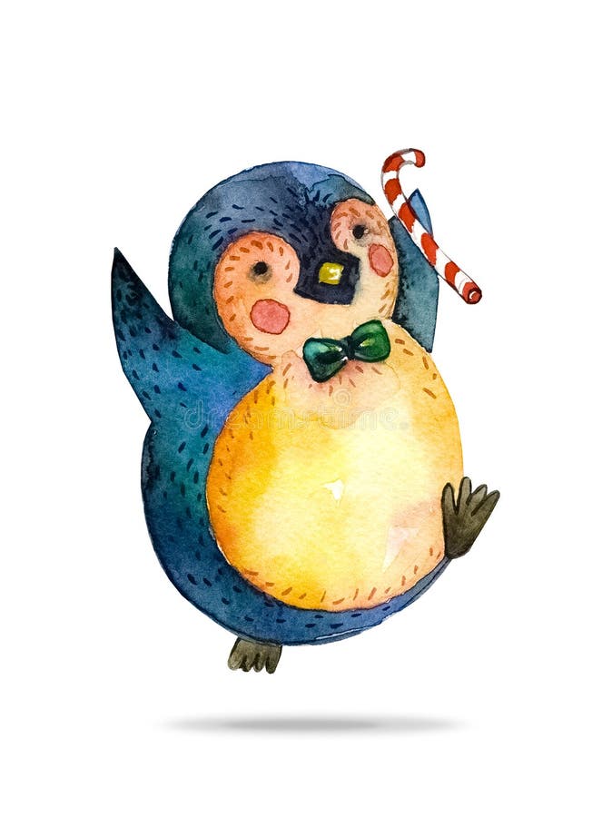 Pingüino feliz de la historieta en bastón verde del lazo y de caramelo a disposición Fondo blanco stock de ilustración Pingüino feliz de la historieta en bastón verde del lazo y de caramelo a disposición Fondo blanco stock de ilustración
