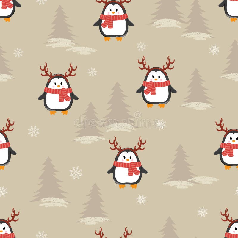 Pingüinos lindos de la historieta con el modelo inconsútil de los cuernos de los ciervos stock de ilustración Pingüinos lindos de la historieta con el modelo inconsútil de los cuernos de los ciervos stock de ilustración