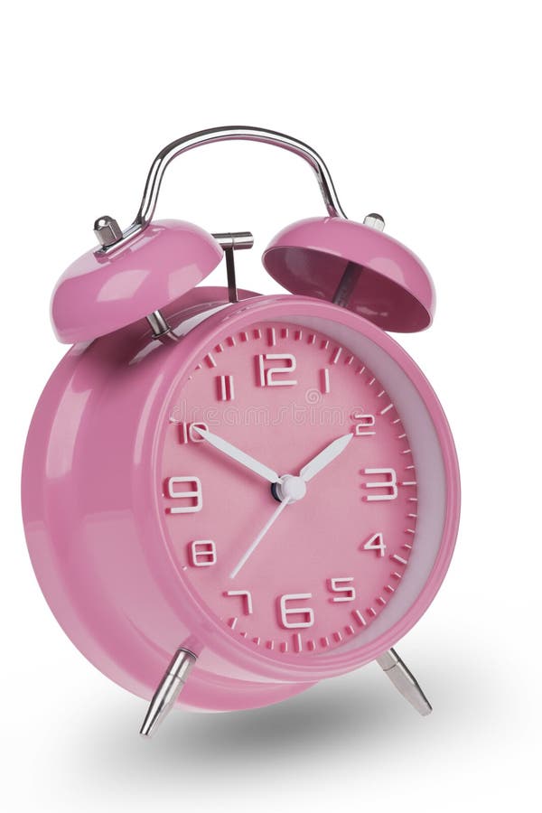 Pink Alarm Clock with Hands at 1 am or Pm Isolated on White Background