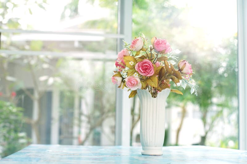 Pink Artificial Roses in Ceramic Vase Near Window Stock Photo Image
