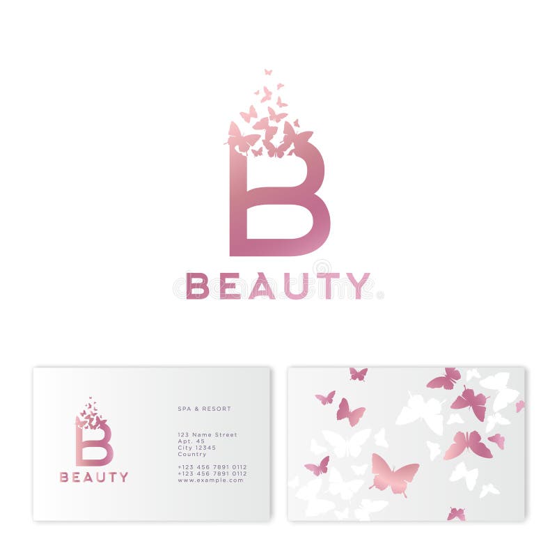 Pink B letter with flying butterflies. Beauty logo. Emblem for Spa, Cosmetics, Fashion, Tailor shop or Jewelry. vector illustration Pink B letter with flying butterflies. Beauty logo. Emblem for Spa, Cosmetics, Fashion, Tailor shop or Jewelry. vector illustration