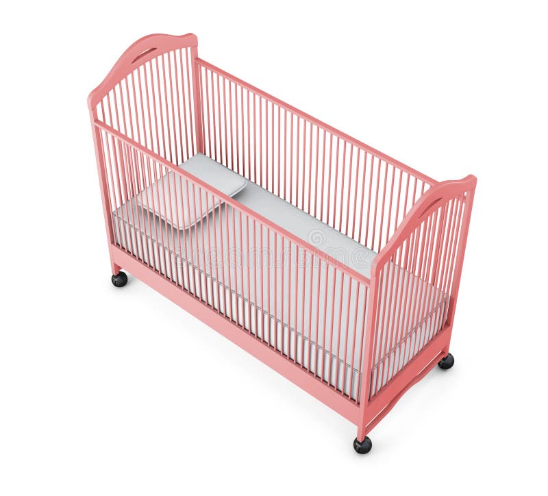 Pink Baby Cot Isolated On White Background. 3d Rendering Stock