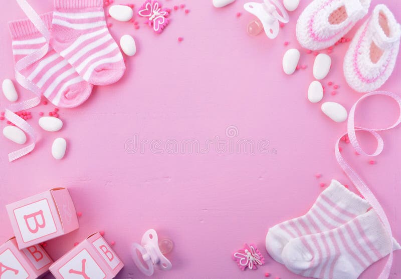 Its a Girl pink theme Baby Shower or Nursery background with decorated borders on pink wood background. Its a Girl pink theme Baby Shower or Nursery background with decorated borders on pink wood background.