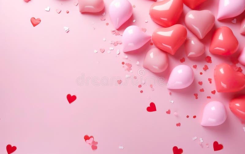 Pink background with heart shaped latex balloons and confetti royalty free illustration