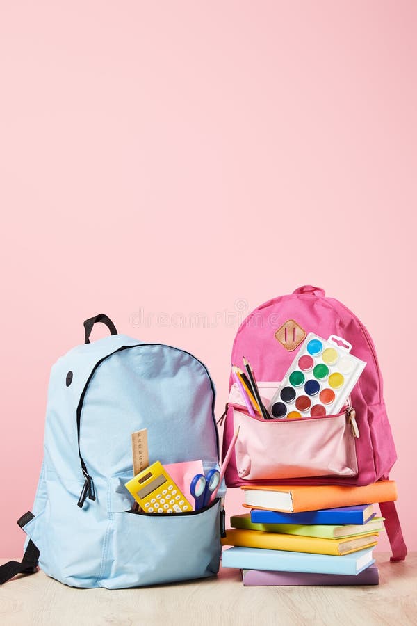 And Pink Backpacks with School Supplies Stock Image - Image of ...