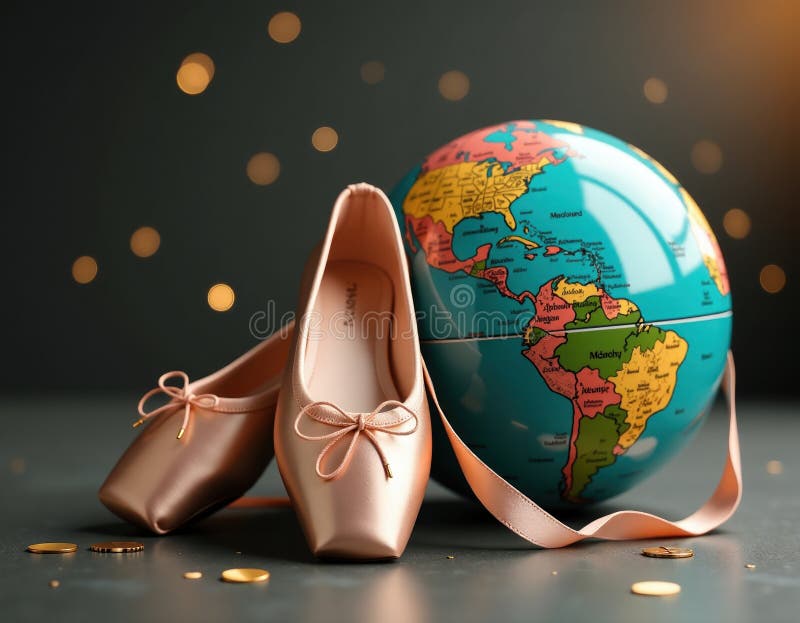 Pink Ballet Shoes and Globe Dreams of Travel and Dance stock illustration