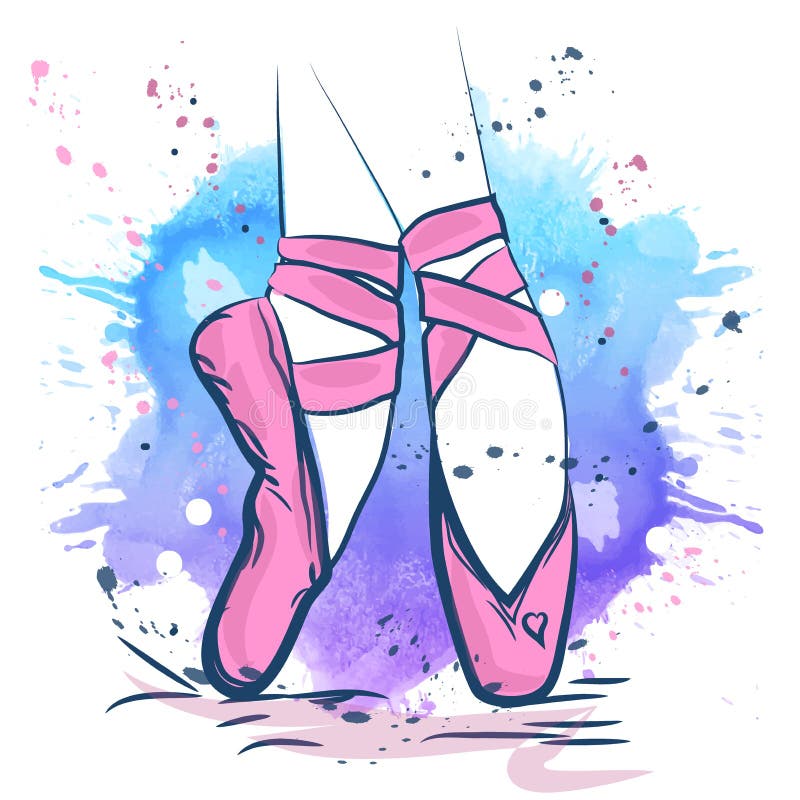 Pink ballet shoes illustration made in outline style on a watercolor background vector illustration
