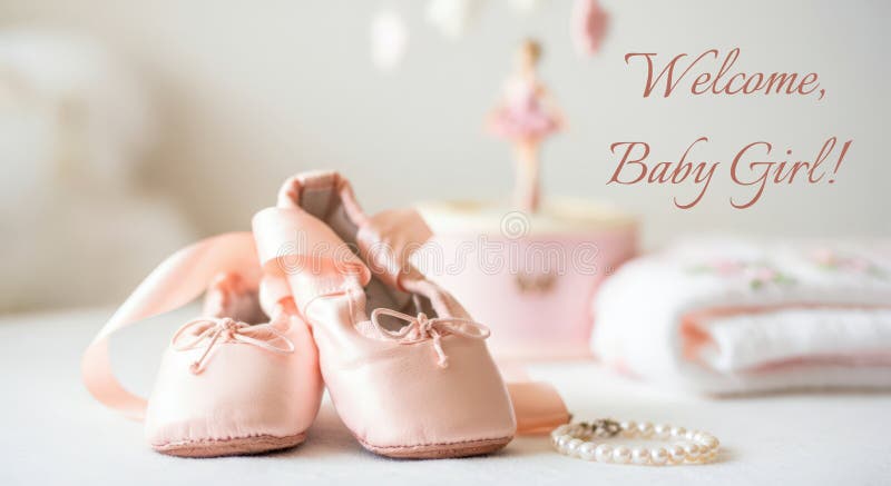 Pink ballet shoes with a pearl bracelet and baby items in the background, with text Welcome, Baby Girl royalty free illustration