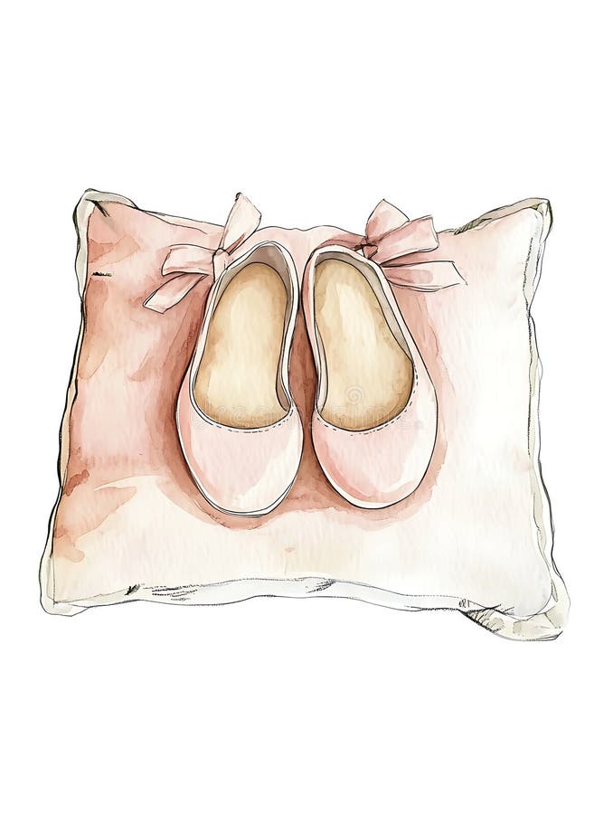 Pink ballet shoes rest atop a soft, pastel pink pillow with bows at each corner. The royalty free illustration