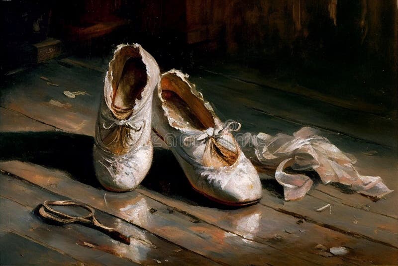 Pink ballet shoes tied with ribbons on a wooden floor. The shoes are placed in a graceful pose, with the ribbons flowing stock illustration