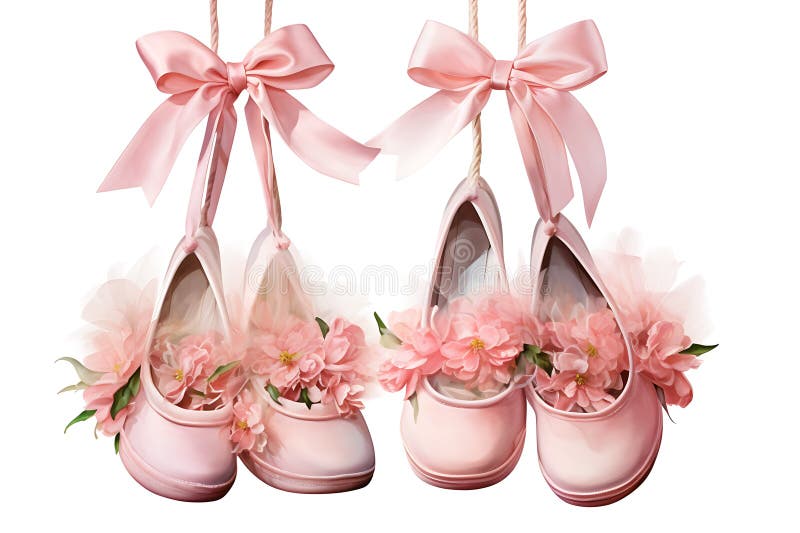 Pink Ballet Slippers Adorned with Flowers and Bows stock illustration