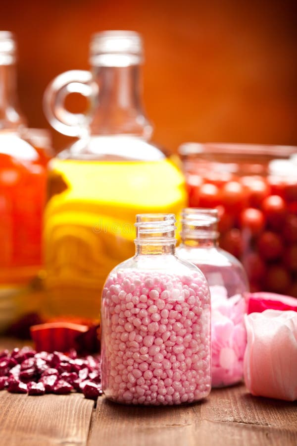 Pink Bath Salt and Essential Oils Stock Image Image of bathroom