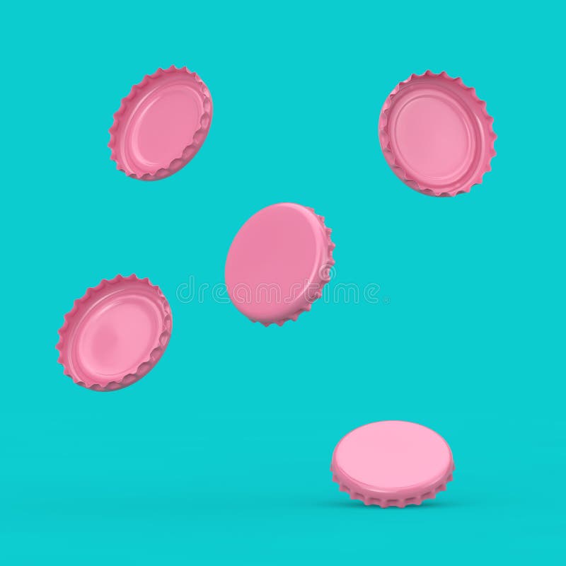 Pink Beer Bottle Caps In Duotone Style Fall Down. 3d Rendering Stock