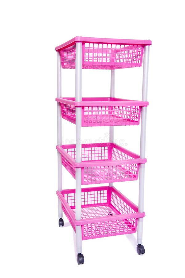 The pink bin rack shelf with wheels isolated on white