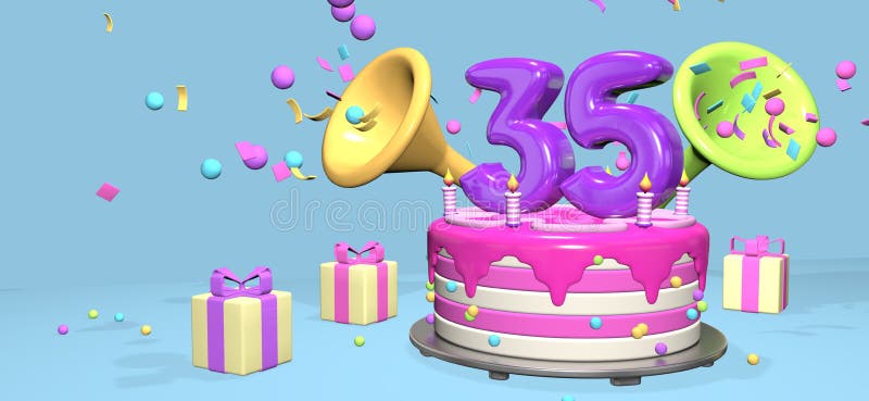 Pink Birthday Cake with Thick Purple Number 35 Surrounded by Gift Boxes  with Horns Ejecting Confetti on Pastel Blue Background. 3D Stock  Illustration - Illustration of invitation, cartoon: 250563240