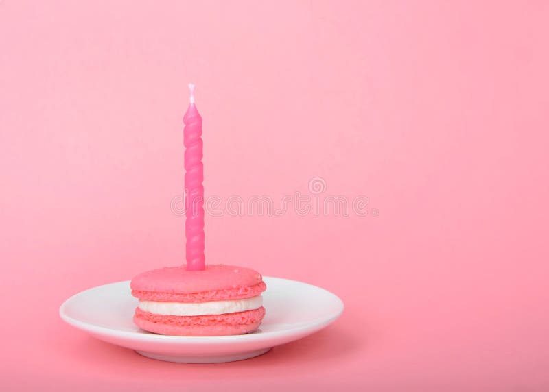 Pink Birthday Macaron Cookie with Candle Isolated Stock Photo - Image ...