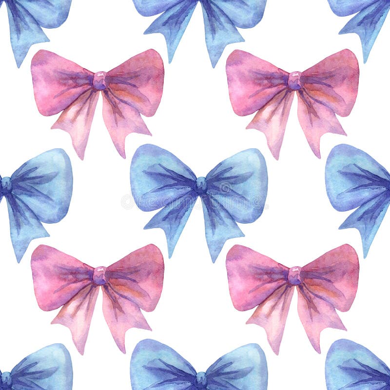 Pink and Blue Bows. Seamless Pattern. Hand Drawn Watercolor ...