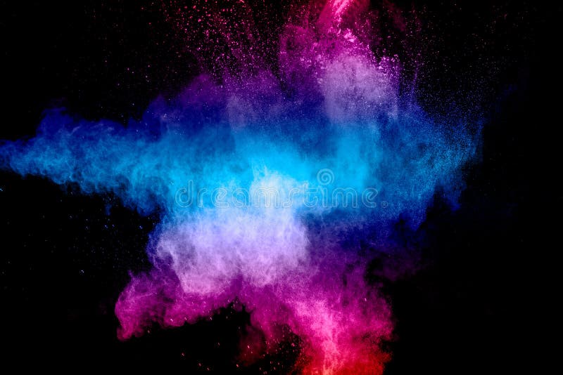 Pink Blue Dust Particles Splash on Black Background.Pink Blue Powder