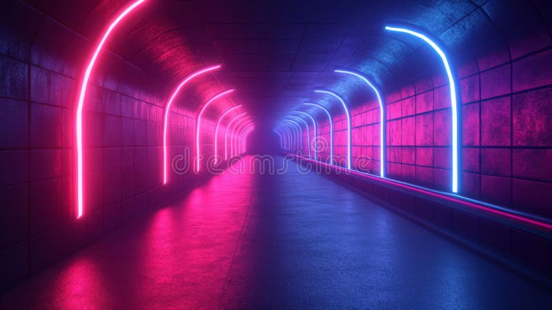 Rosa und blaue Neonleuchten im Dunkelziegeltunnel vektor abbildung