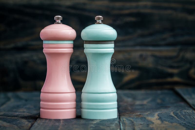 Pink and Blue Pepper Mills on Wooden Background Stock Photo Image of