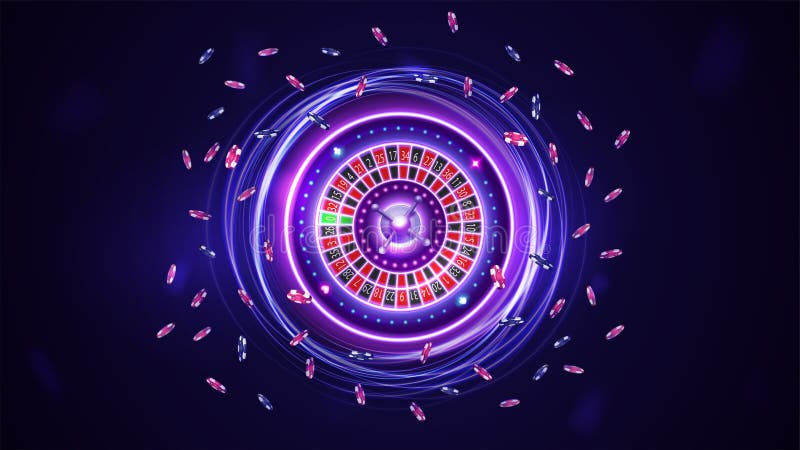 Pink and blue rotate neon Casino Roulette wheel with poker chips, digital casino element.