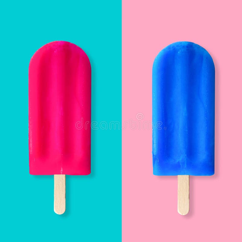 Pink And Blue Popsicles On A Pastel Blue And Pink Background Stock