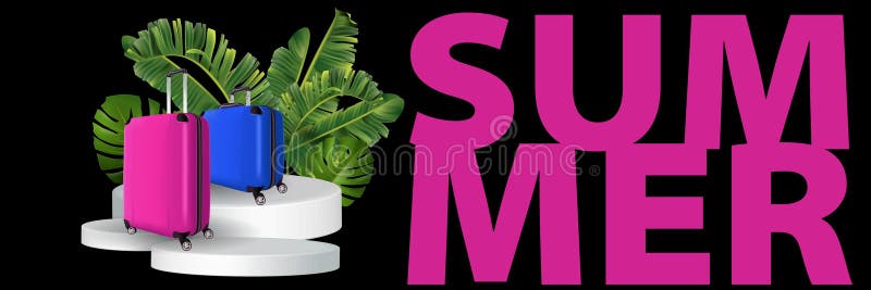 Pink and blue travel plastic suitcase with wheels realistic on white background vector illustration stock illustration