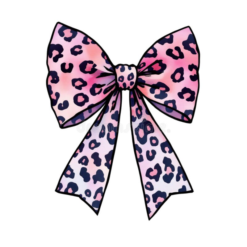 A pink bow features a leopard print pattern, showcasing a combination of tan and black spots vector illustration