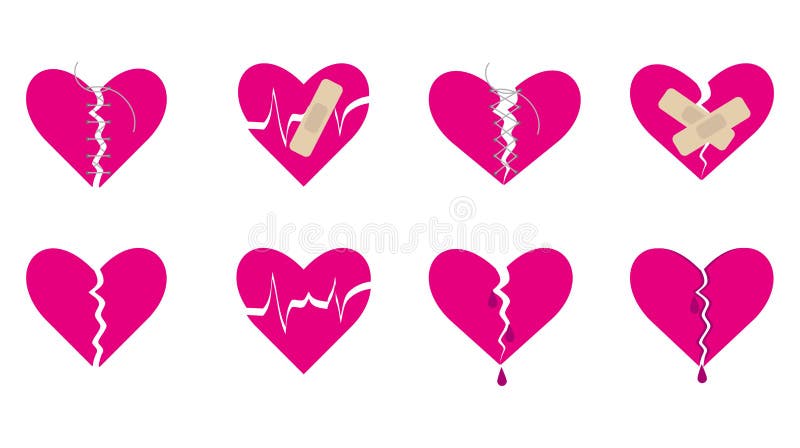 Pink broken heart icons and symbols flat style vector illustration